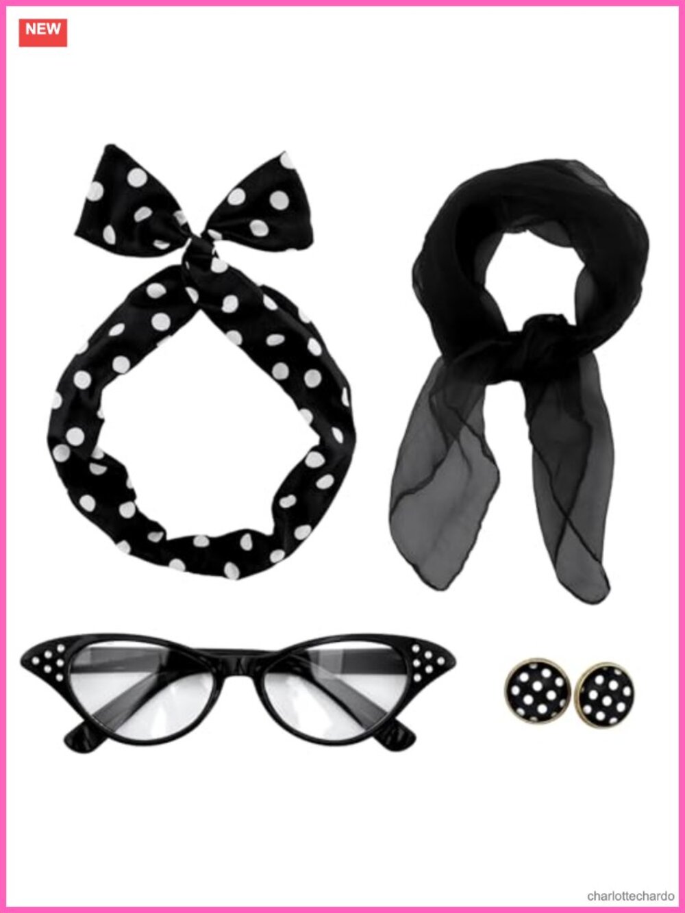 50s Costume Accessory Set Cat Eye Glasses Chiffon Scarf Headband Earrings